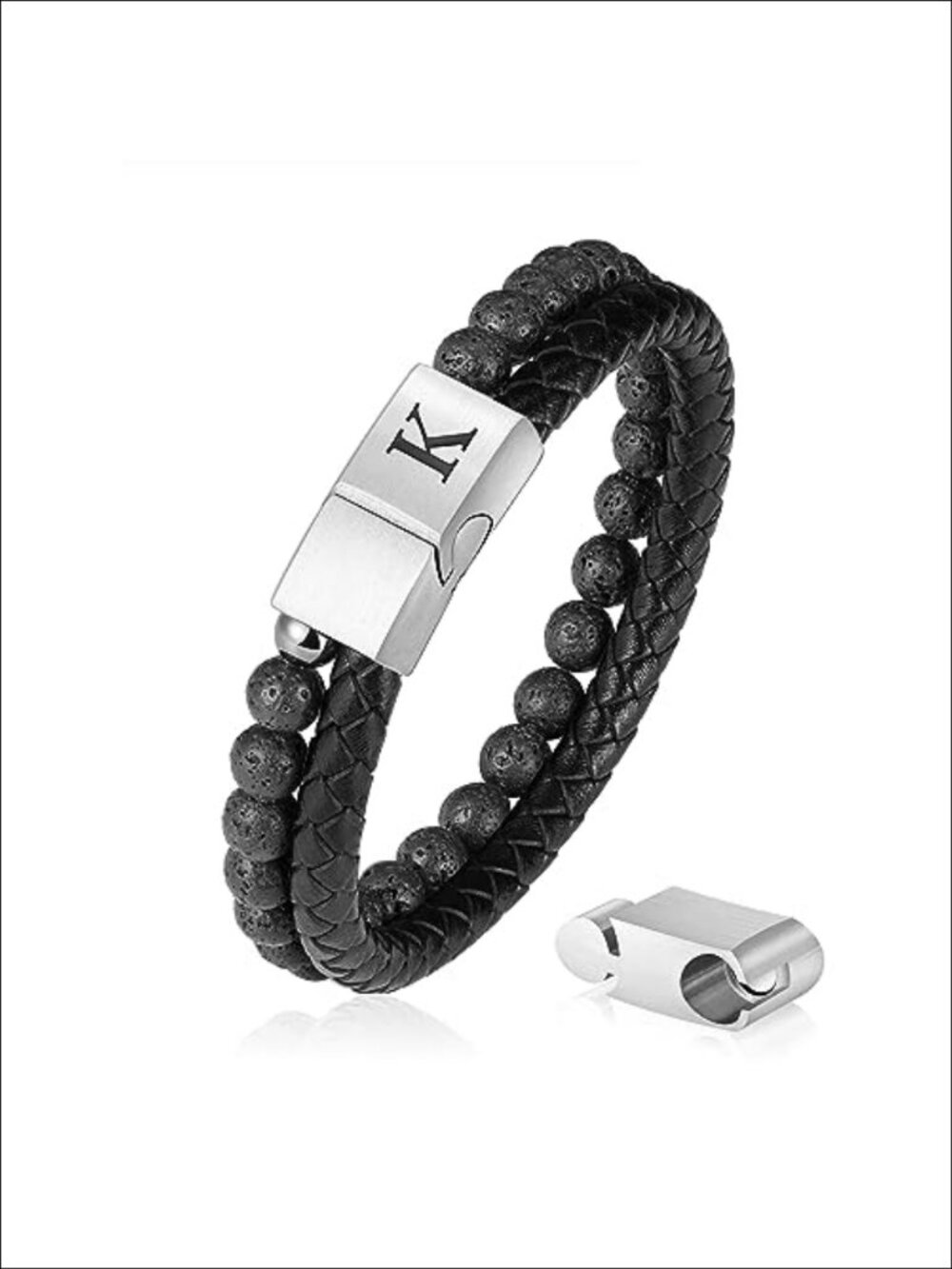 Genuine Leather Bracelet Mens Lava Rock Bead Magnetic Clasp Adjustable